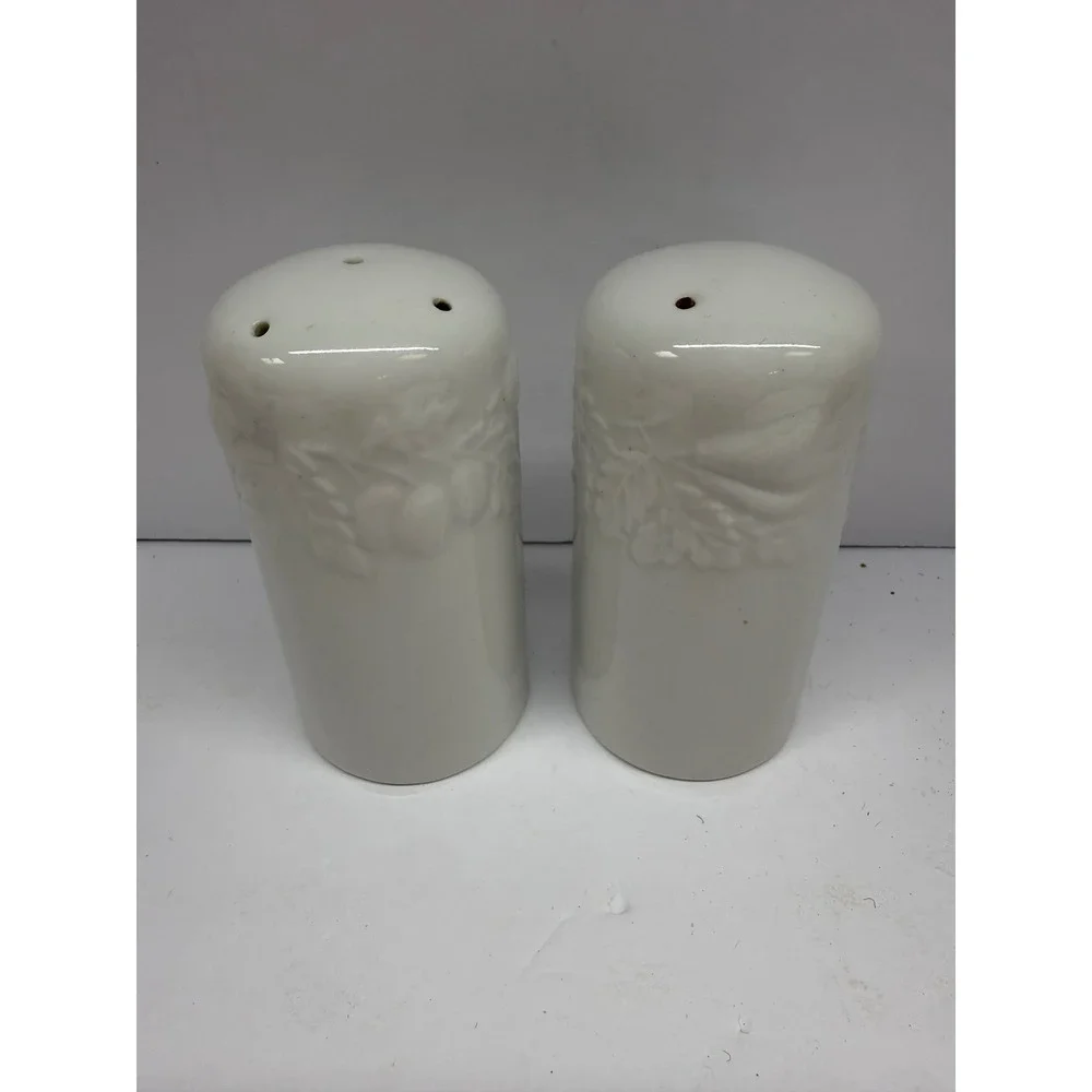 Vintage White Ceramic Salt and Pepper Shakers Embossed Fruit Leaf Design Set
